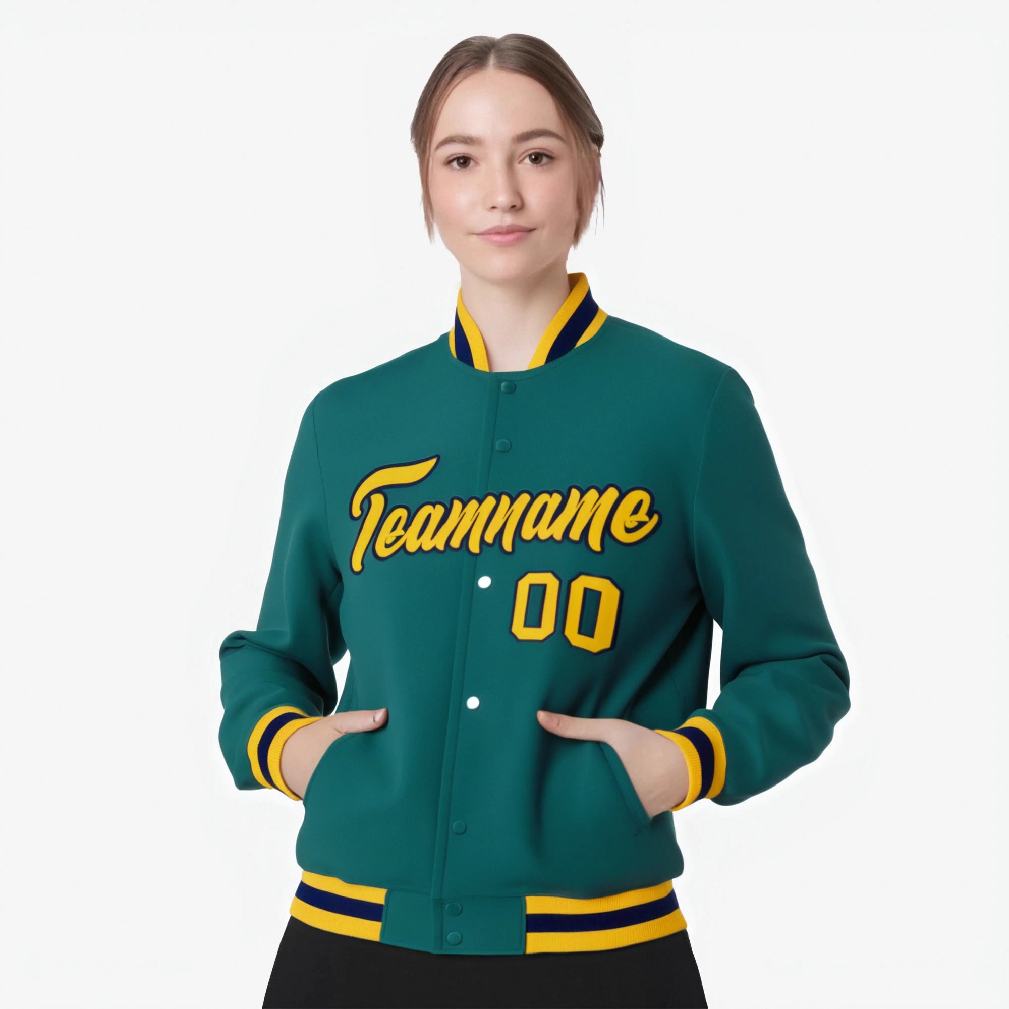 Custom Aqua- Yellow-Black Bomber Full-Snap Varsity Letterman Jacket