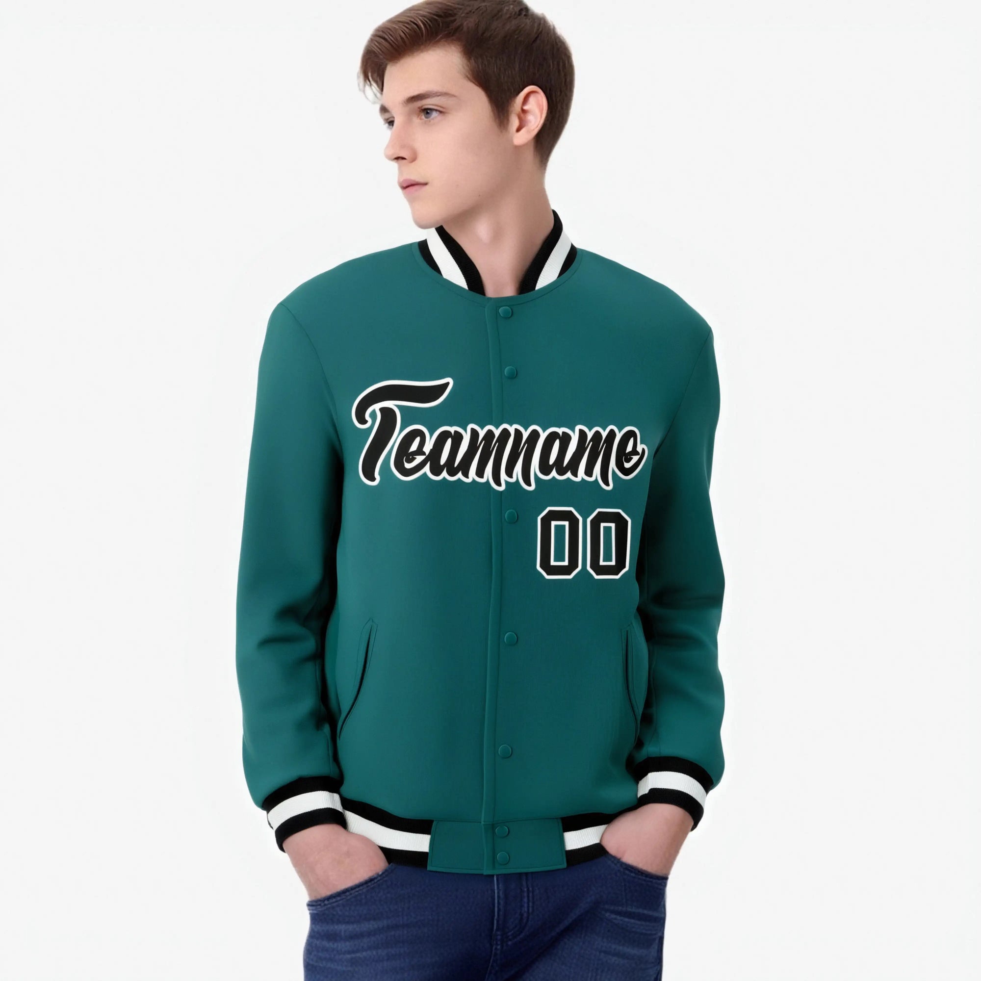 Custom Aqua Black-White Bomber Full-Snap Varsity Letterman Jacket