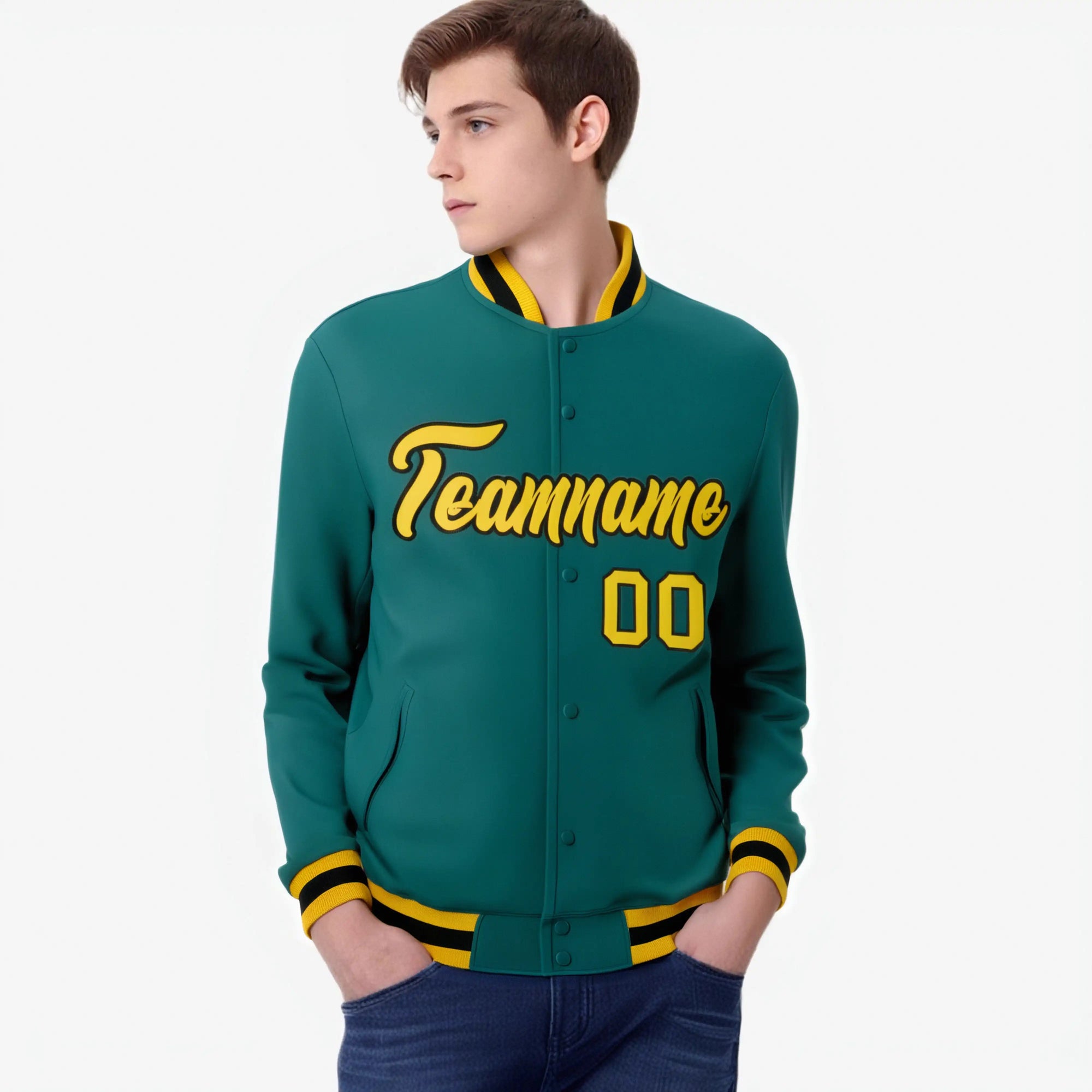 Custom Aqua- Yellow-Black Bomber Full-Snap Varsity Letterman Jacket