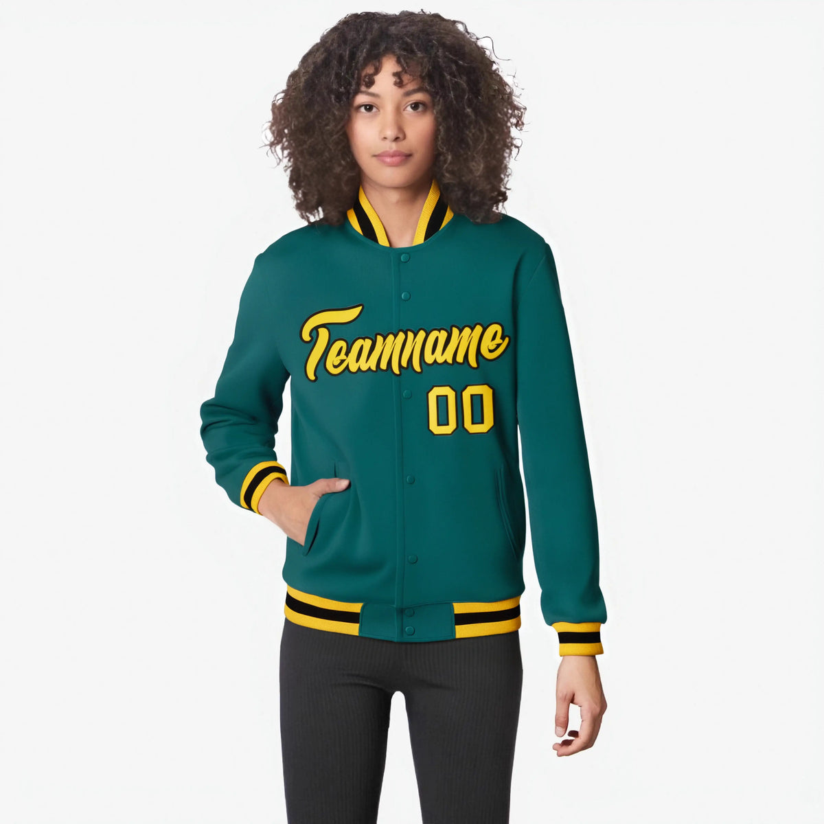Custom Aqua- Yellow-Black Bomber Full-Snap Varsity Letterman Jacket
