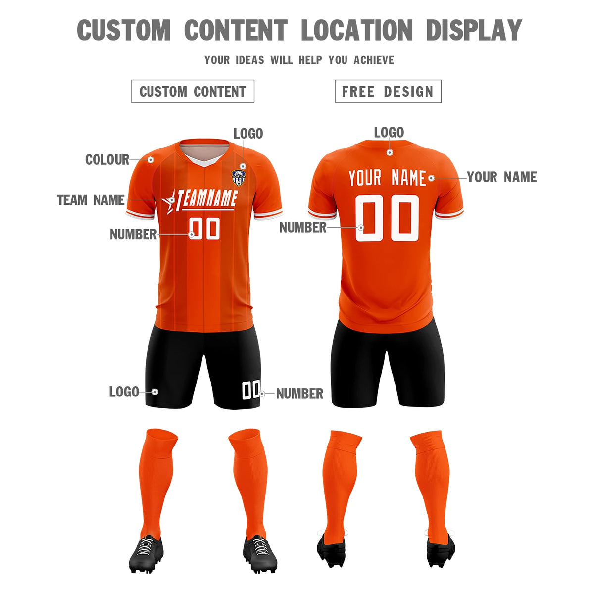 Custom Orange White-Black Design Uniform Soccer Sets Jersey