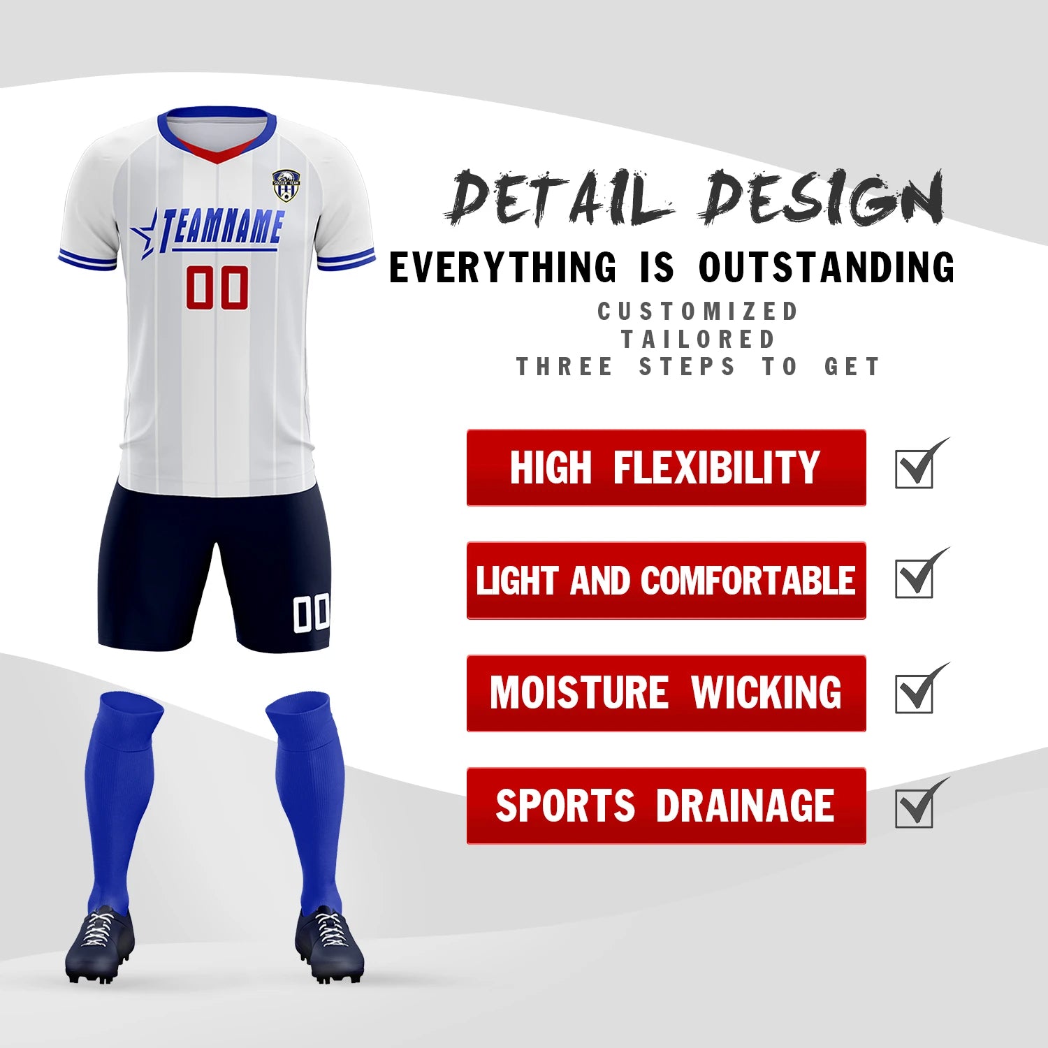 Custom White Red-Navy Design Uniform Soccer Sets Jersey