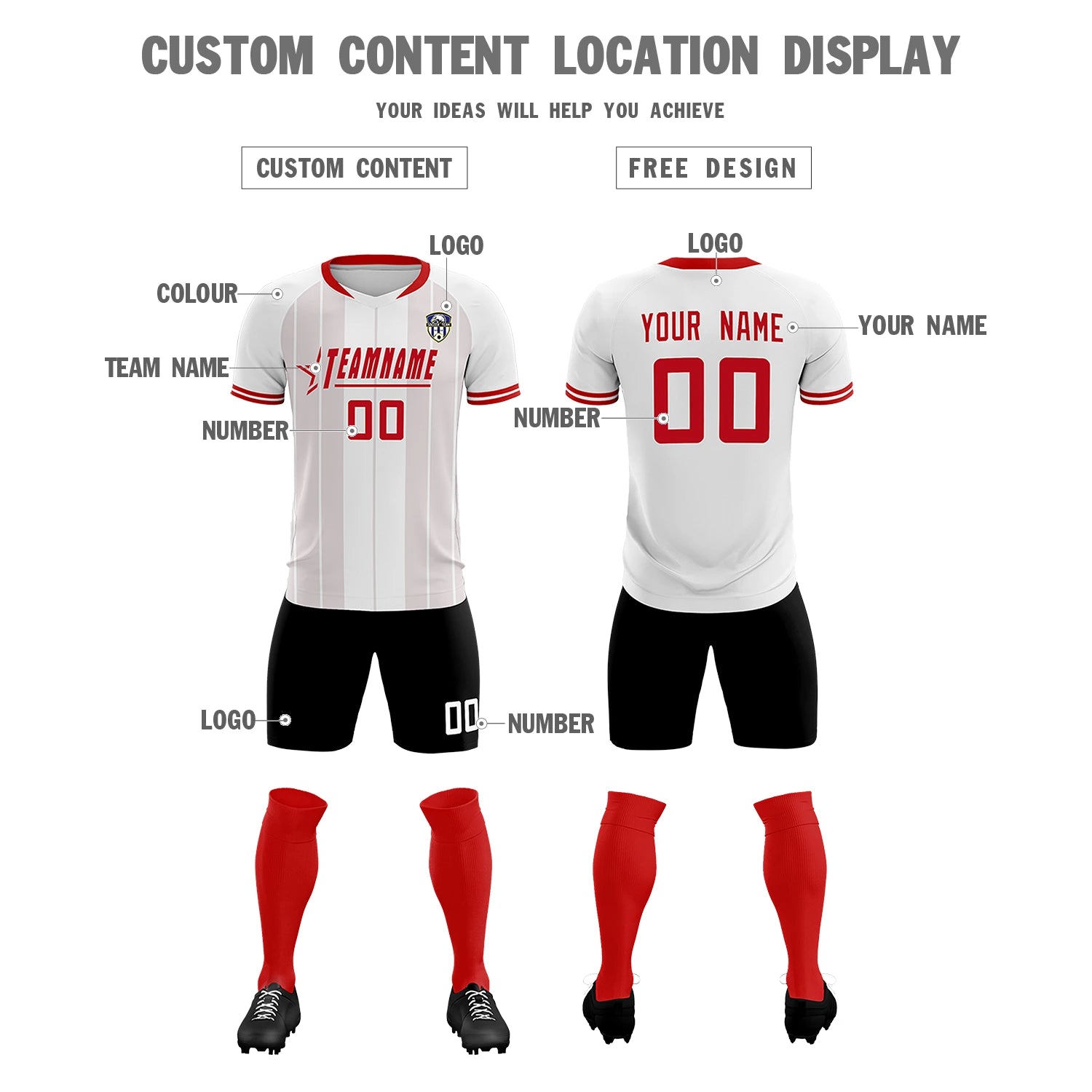 Custom White Red-Black Design Uniform Soccer Sets Jersey