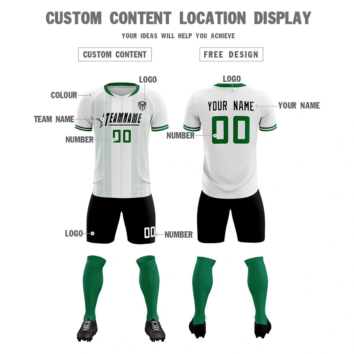 Custom White Kelly Green-Black Design Uniform Soccer Sets Jersey