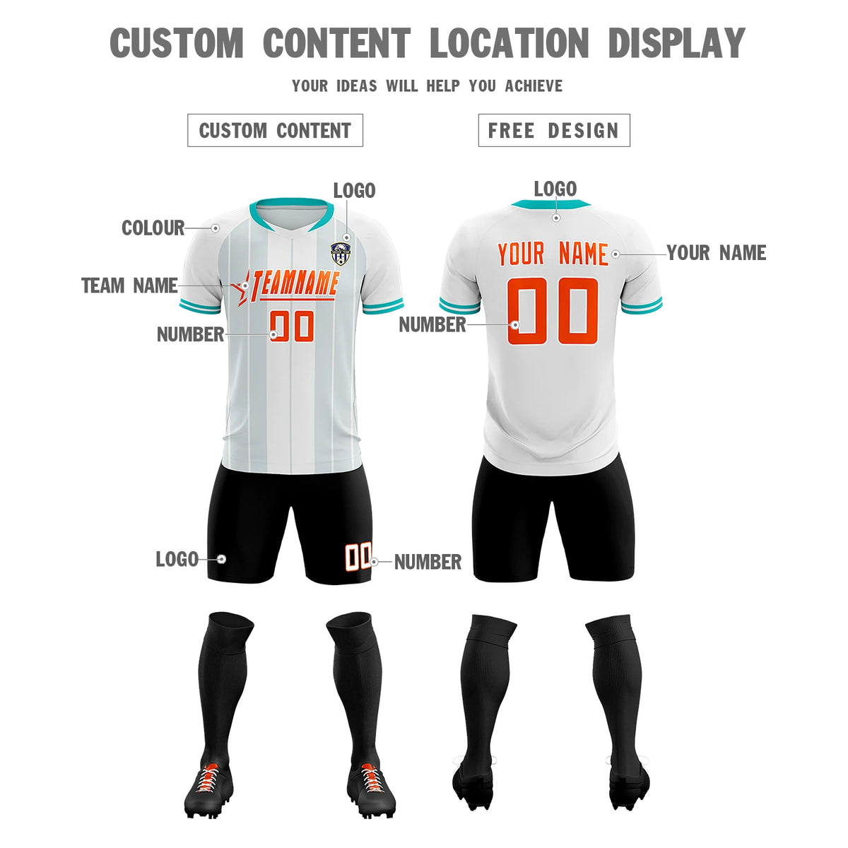 Custom White Aqua-Black Design Uniform Soccer Sets Jersey