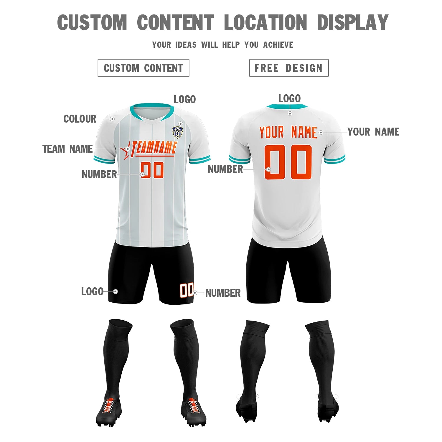 Custom White Aqua-Black Design Uniform Soccer Sets Jersey