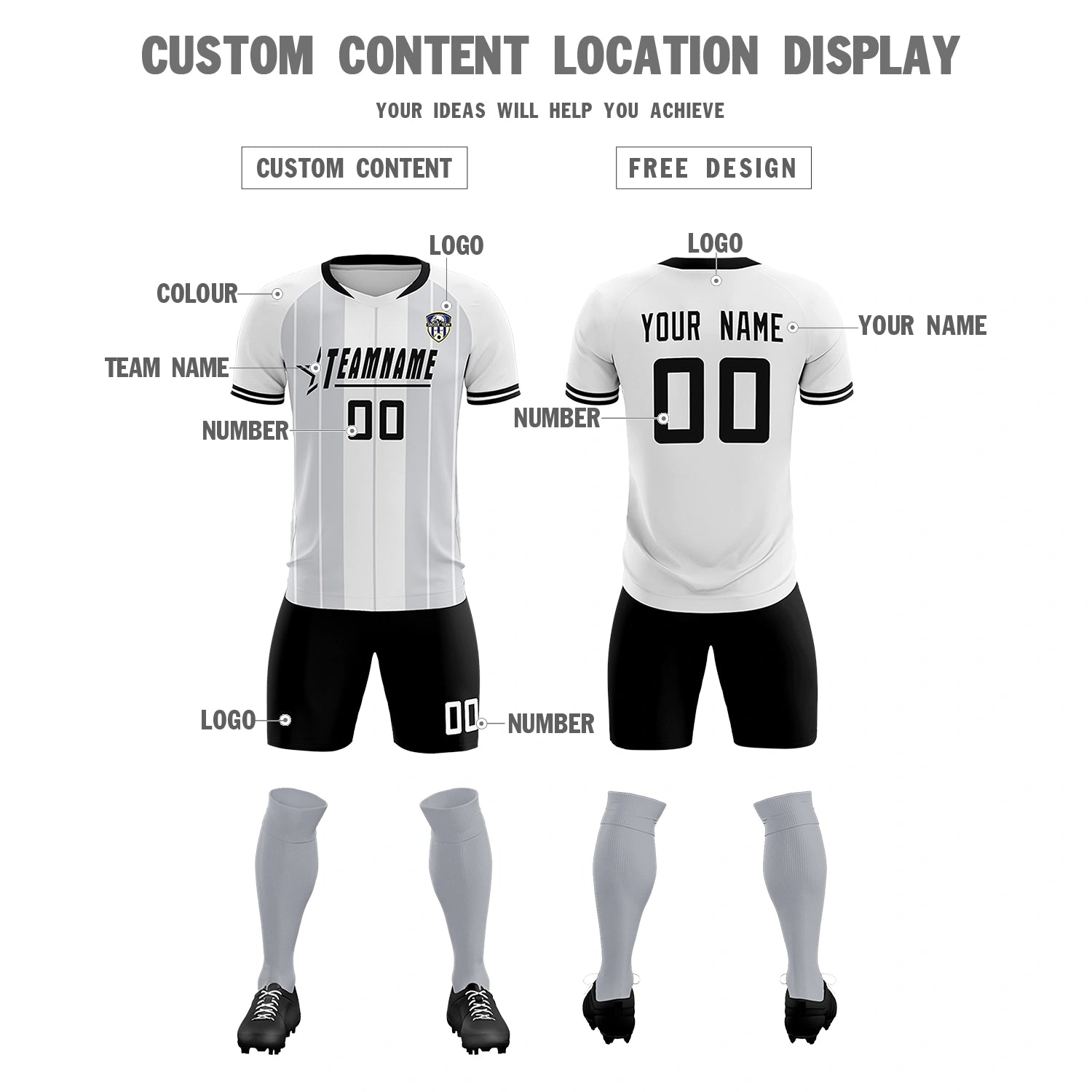 Custom White Black-Black Design Uniform Soccer Sets Jersey