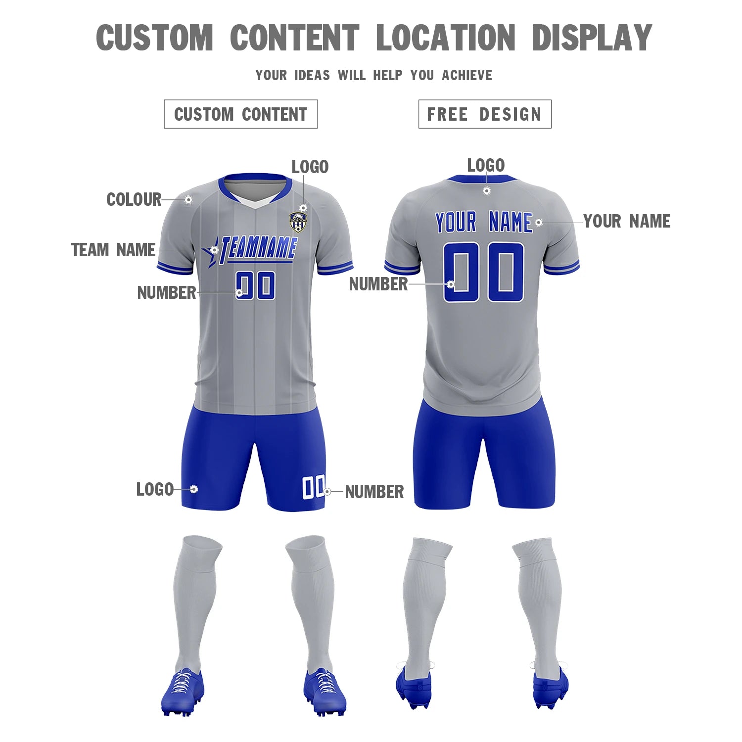 Custom Gray White-Royal Blue Design Uniform Soccer Sets Jersey