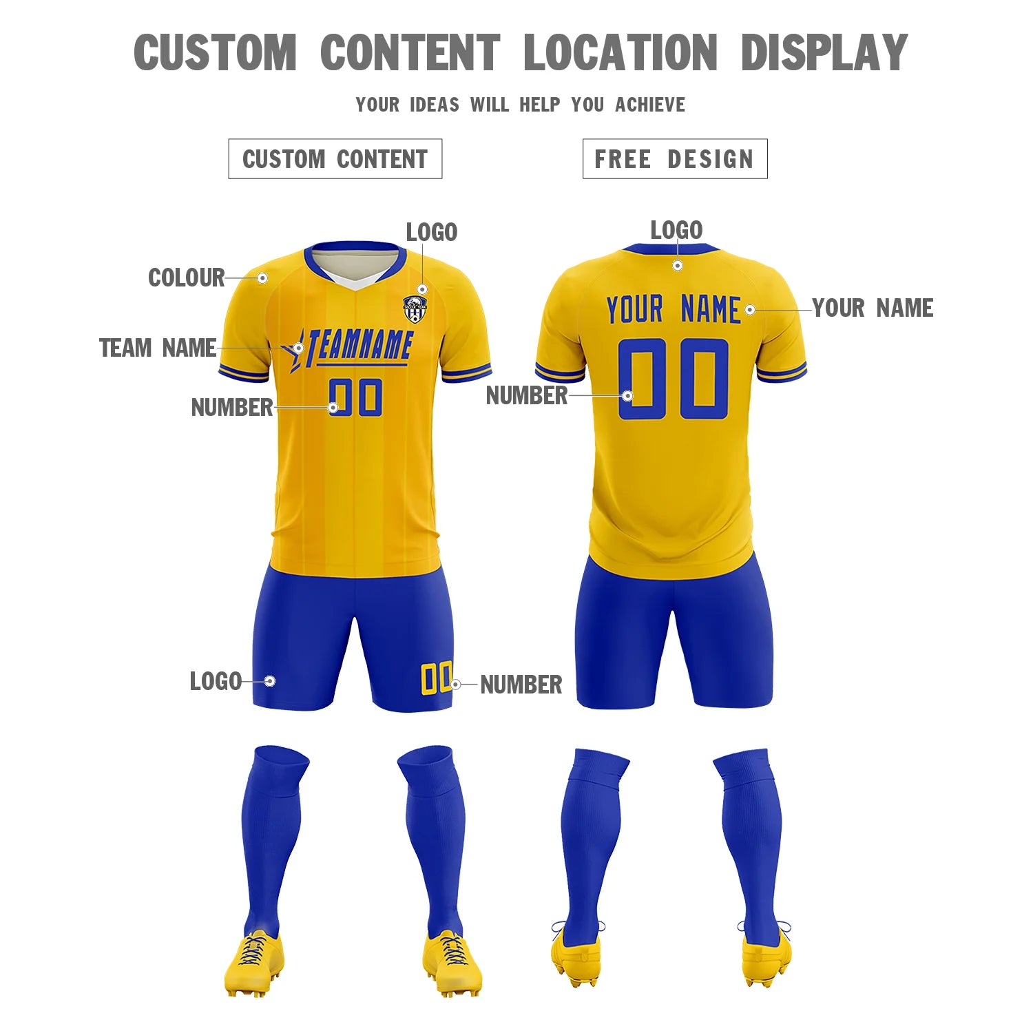 Custom Gold 01 White-Royal Blue Design Uniform Soccer Sets Jersey