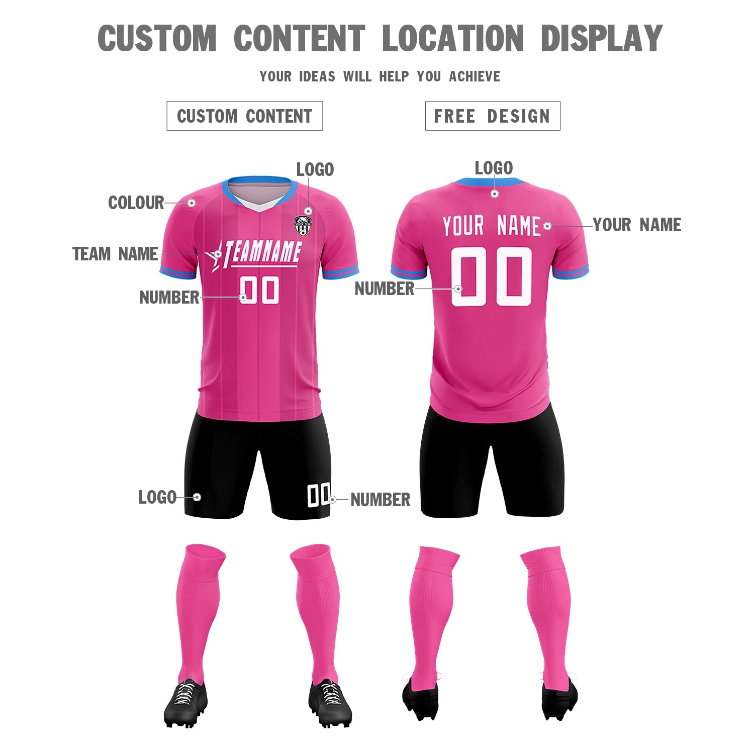 Custom Pink Powder Blue-Black Design Uniform Soccer Sets Jersey