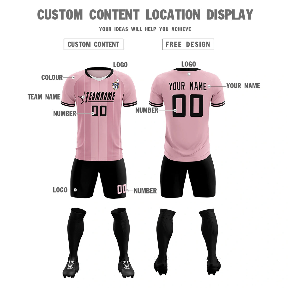 Custom Light Pink White-Black Design Uniform Soccer Sets Jersey