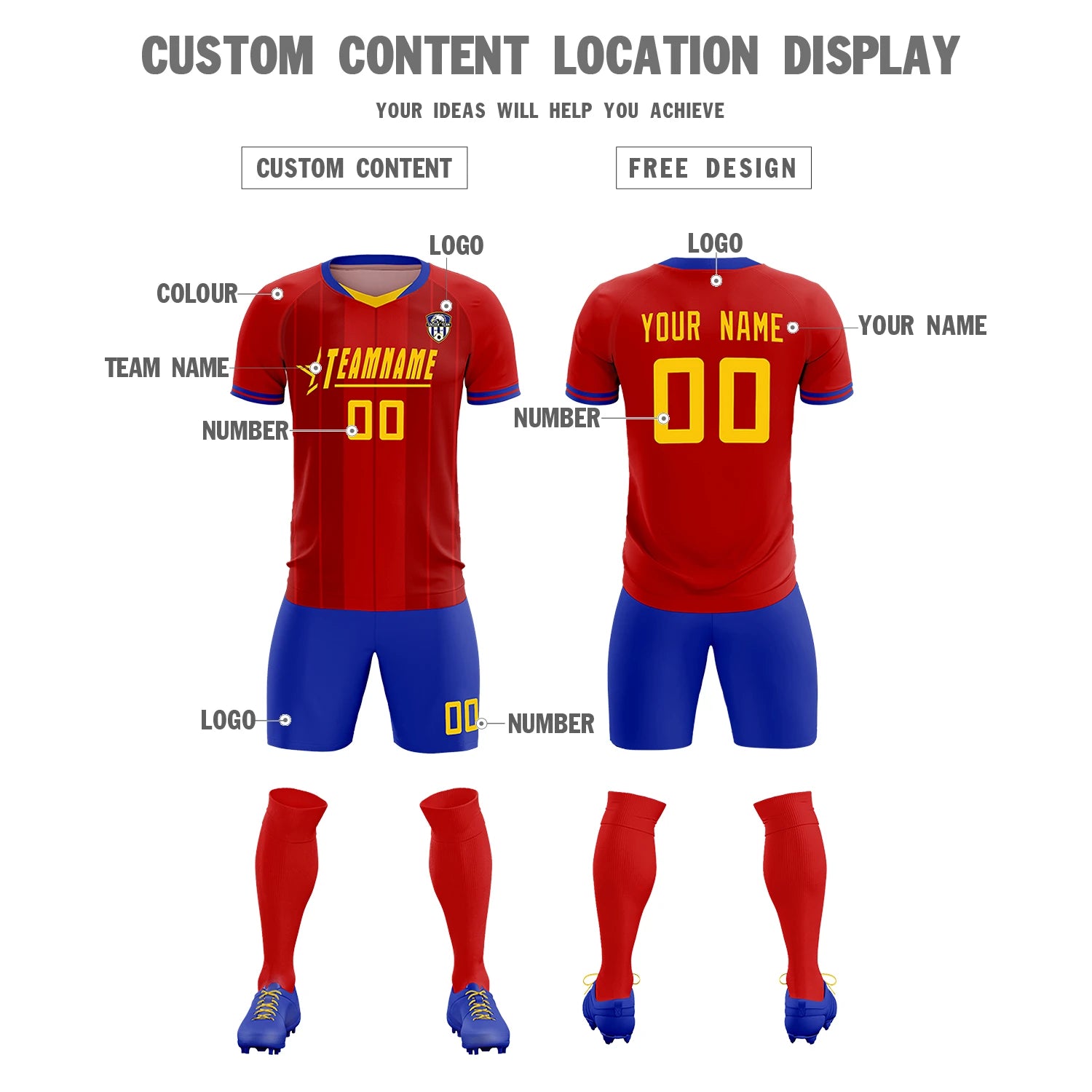 Custom Red Gold 01-Royal Blue Design Uniform Soccer Sets Jersey