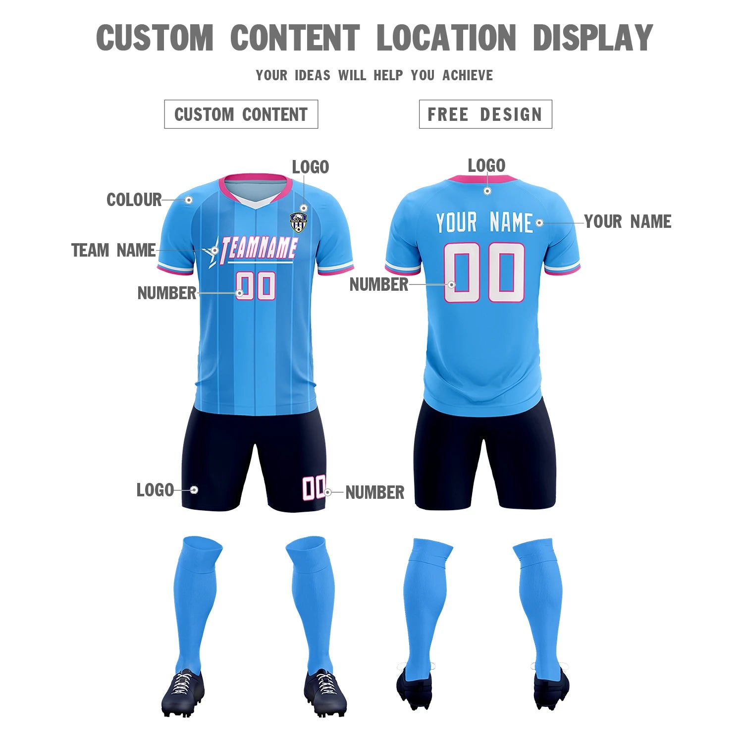 Custom Powder Blue Pink-Navy Design Uniform Soccer Sets Jersey