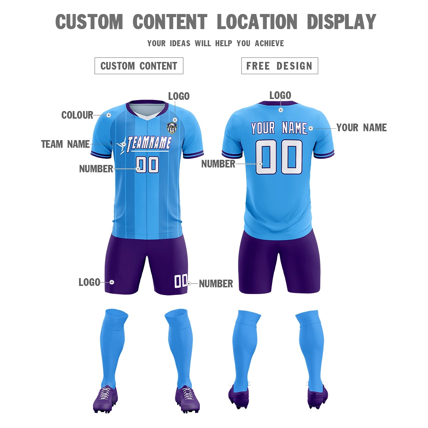 Custom Powder Blue White-Purple Design Uniform Soccer Sets Jersey