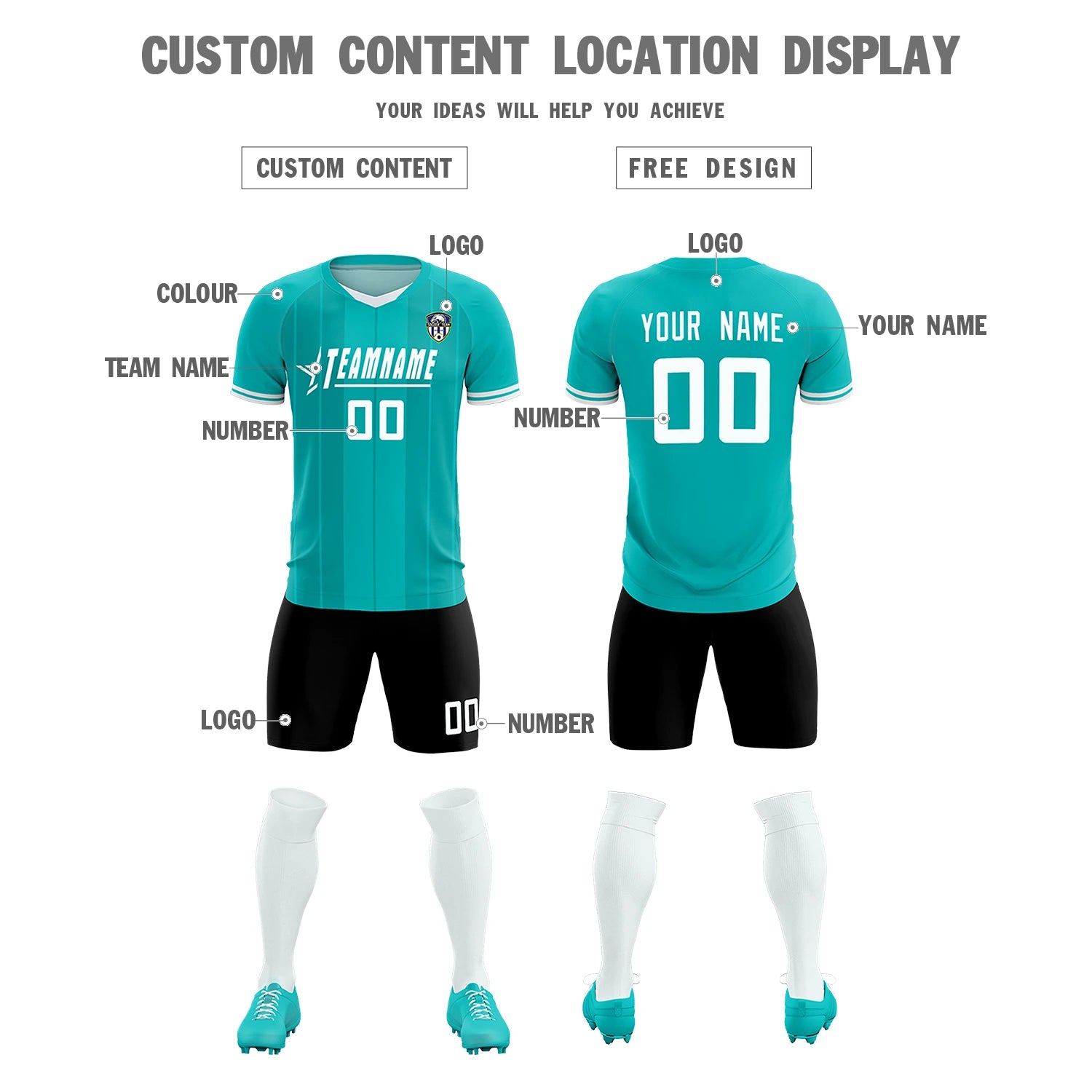 Custom Aqua White-Black Design Uniform Soccer Sets Jersey