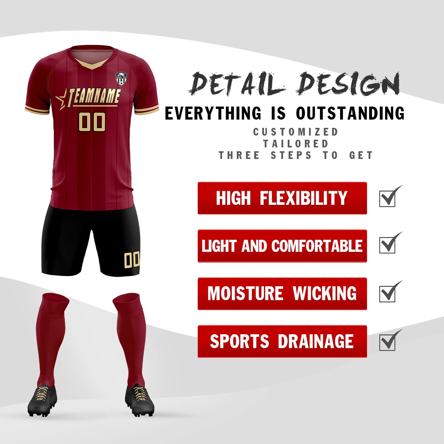 Custom Crimson Khaki-Black Design Uniform Soccer Sets Jersey