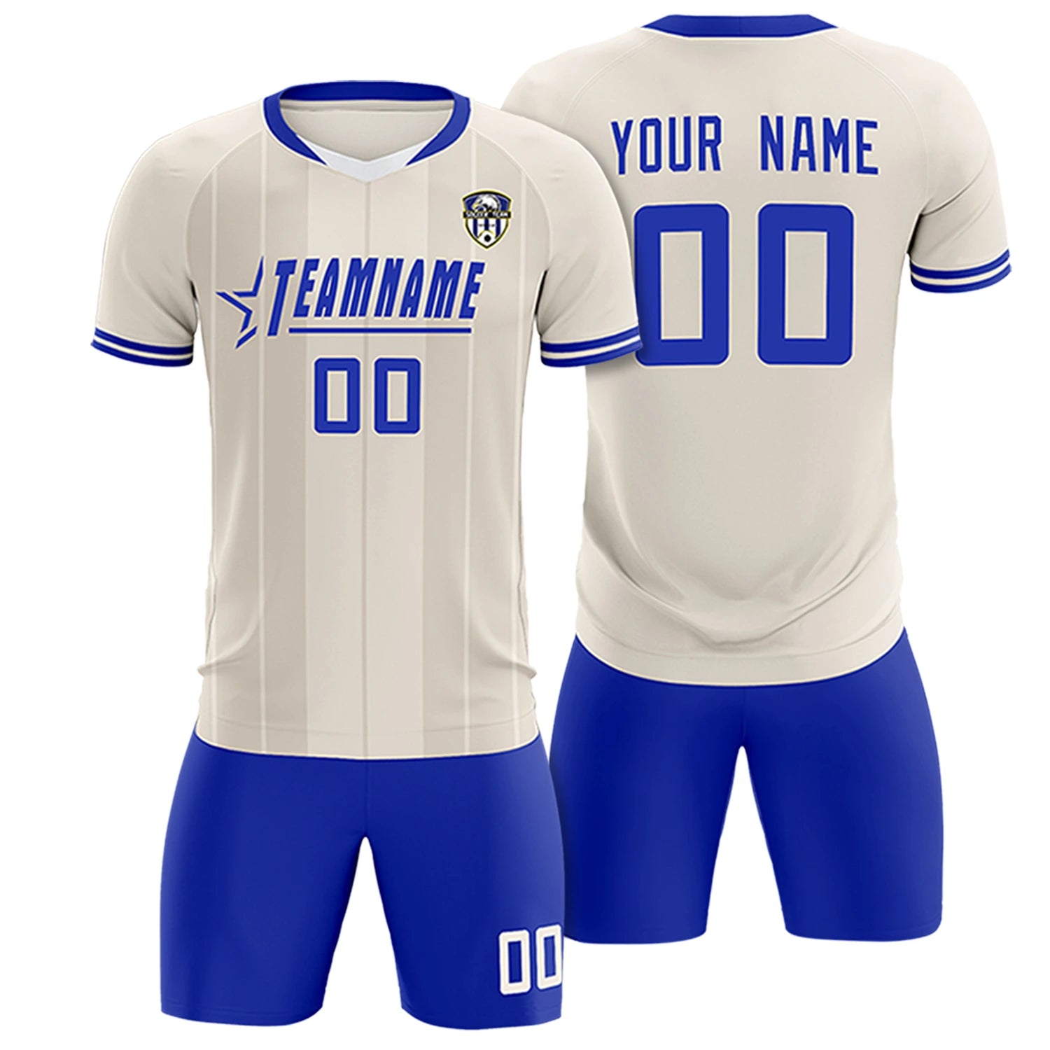 Custom Khaki White-Royal Blue Design Uniform Soccer Sets Jersey
