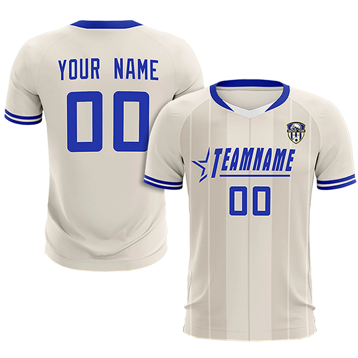 Custom Khaki White-Royal Blue Design Uniform Soccer Sets Jersey