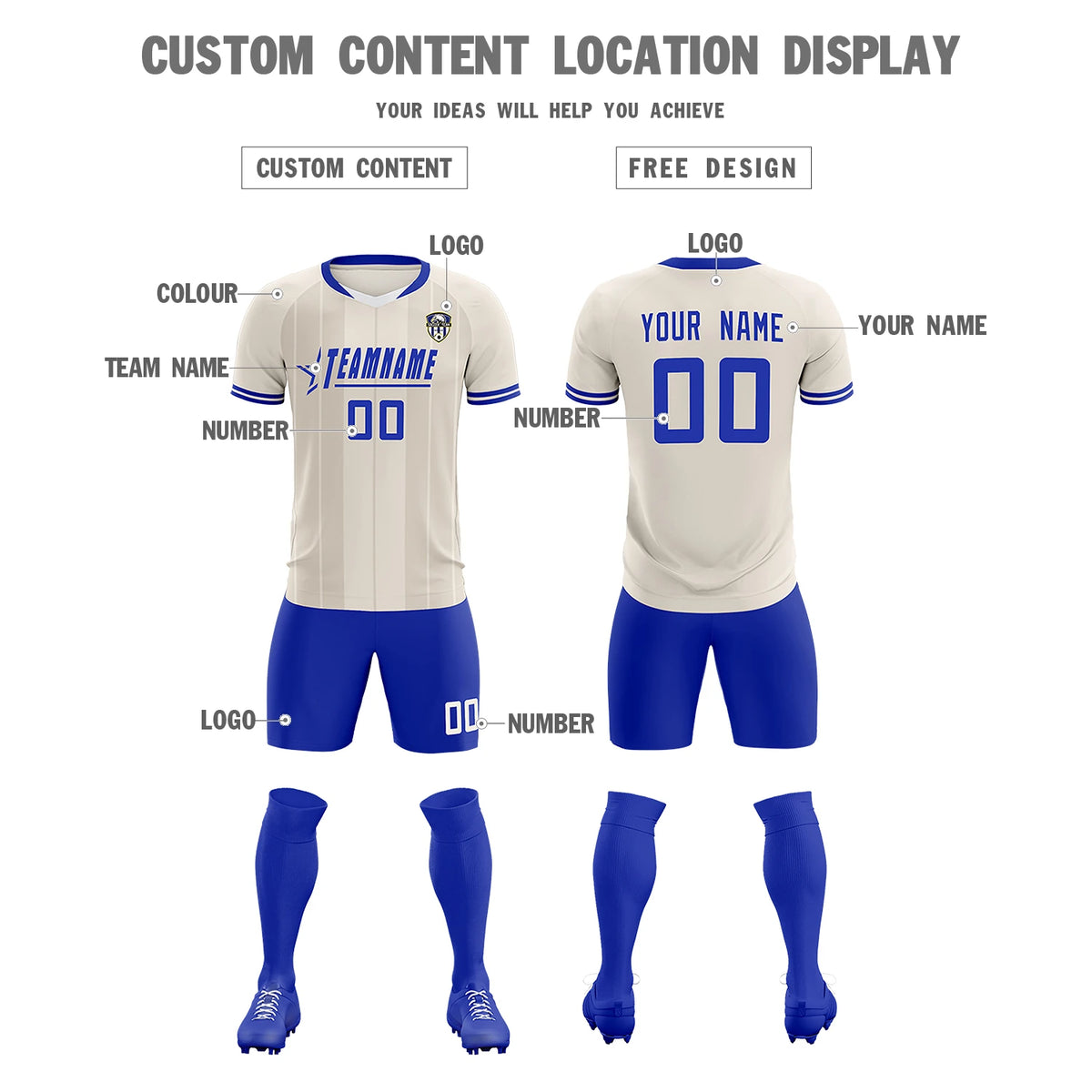 Custom Khaki White-Royal Blue Design Uniform Soccer Sets Jersey