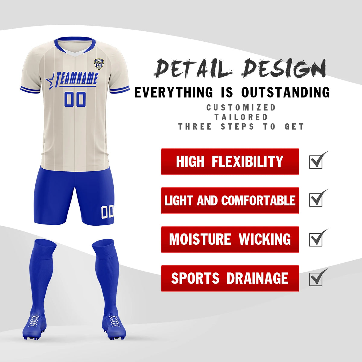 Custom Khaki White-Royal Blue Design Uniform Soccer Sets Jersey