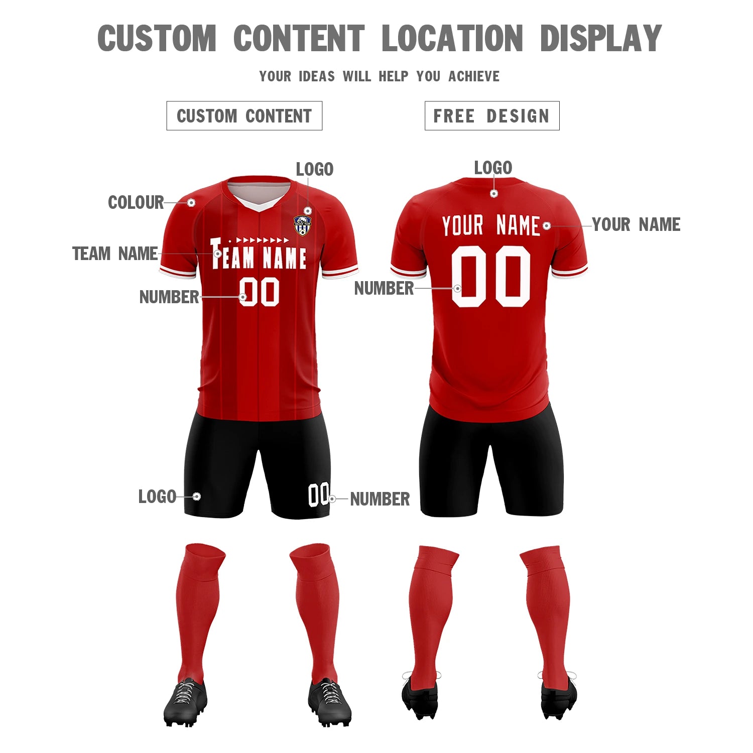 Custom Red White-Black Design Uniform Soccer Sets Jersey