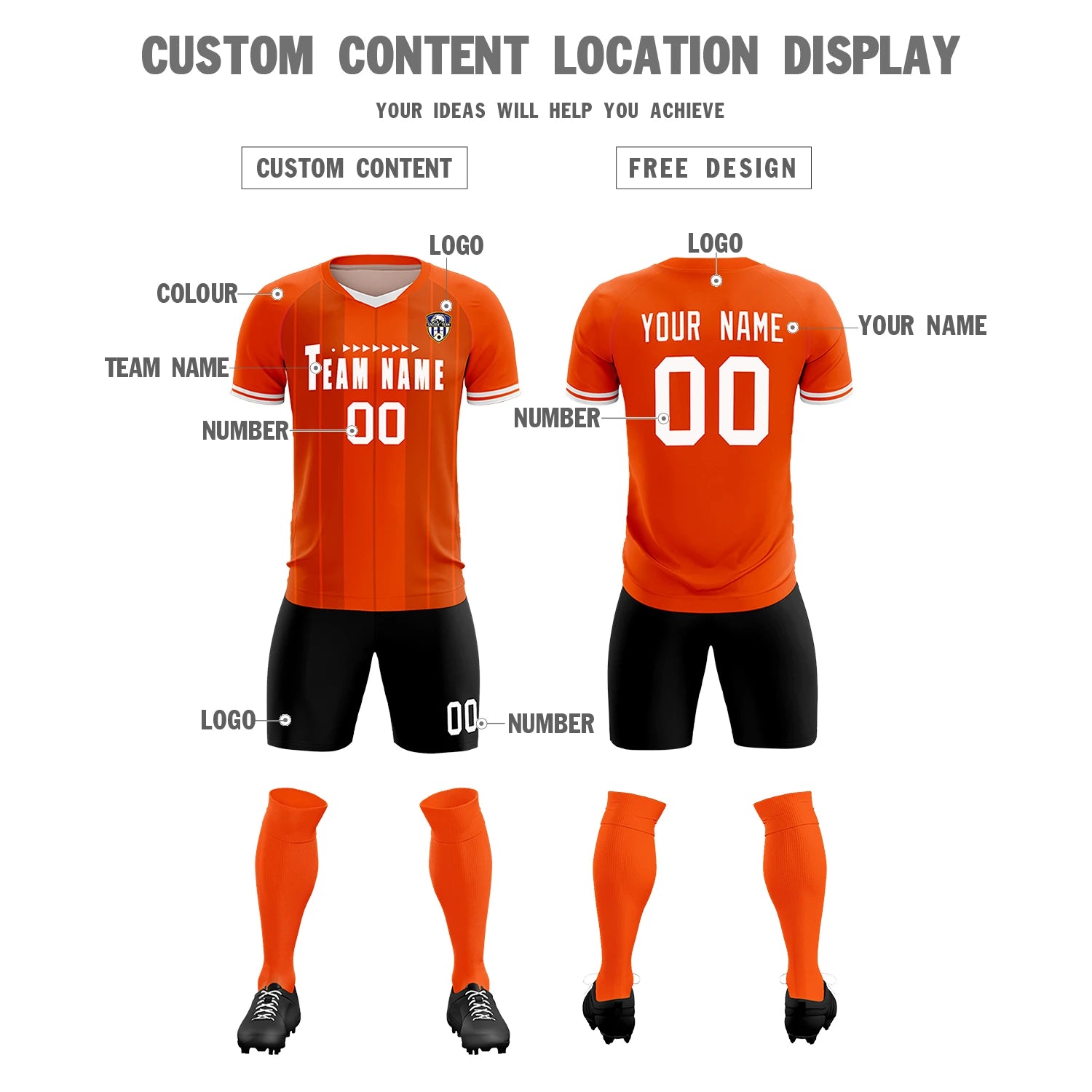 Custom Orange White-Black Design Uniform Soccer Sets Jersey
