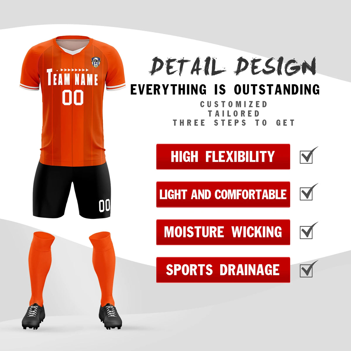 Custom Orange White-Black Design Uniform Soccer Sets Jersey