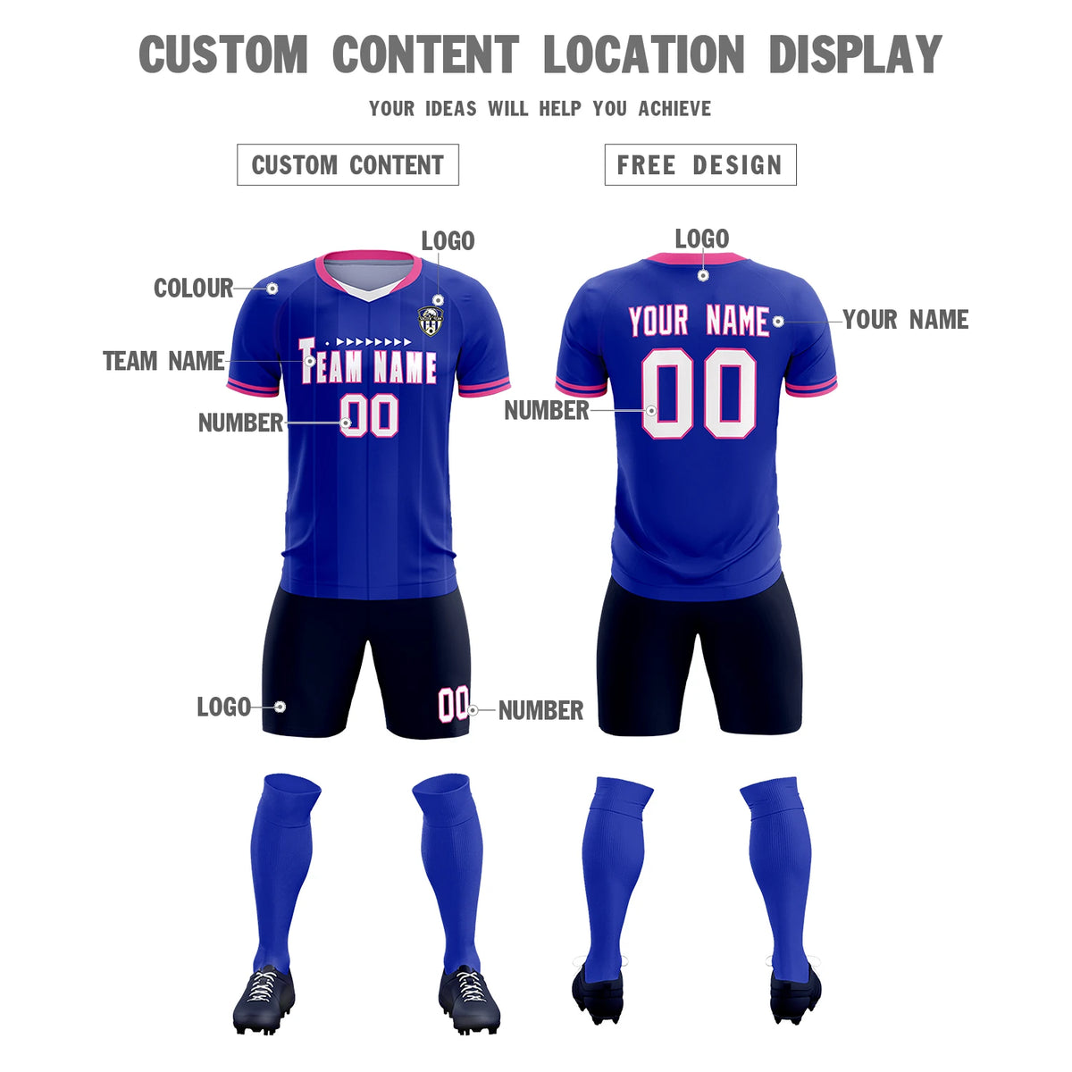Custom Royal Blue-Pink Navy Design Uniform Soccer Sets Jersey