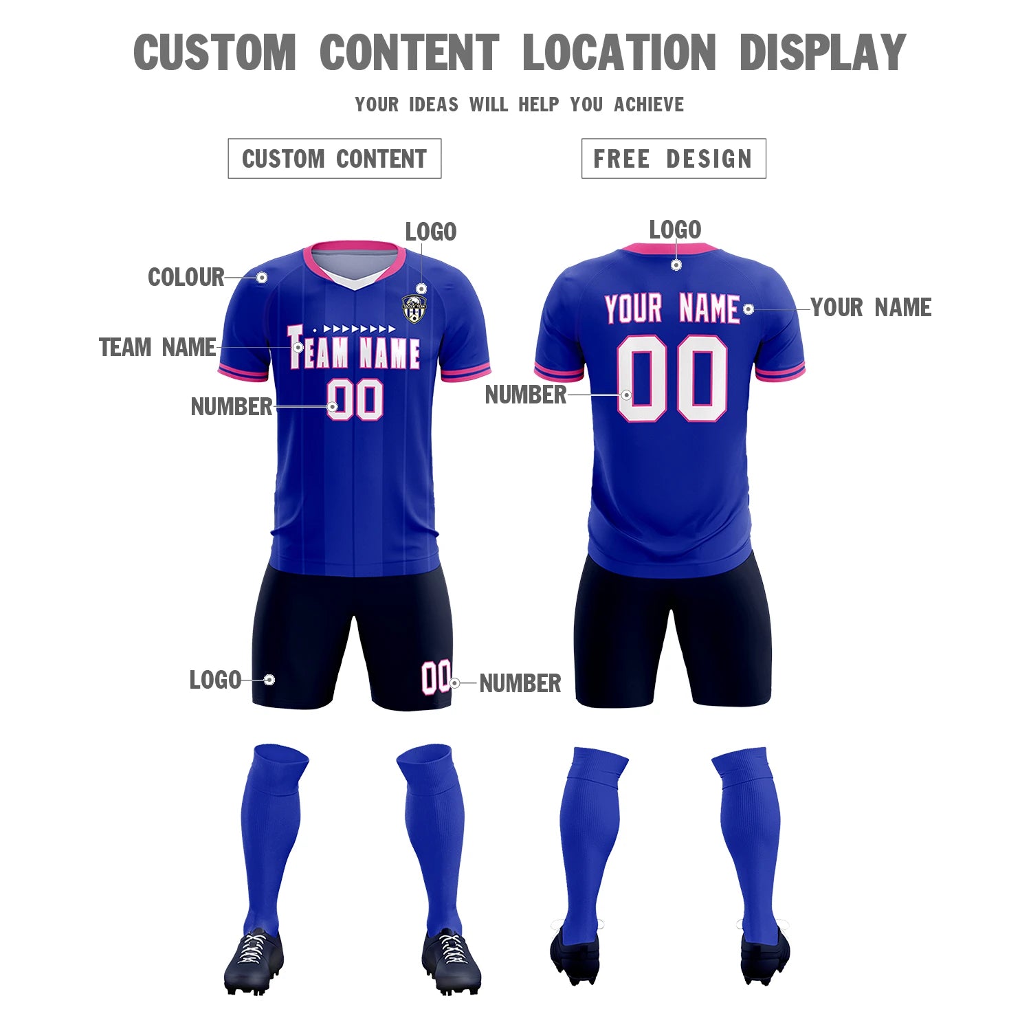 Custom Royal Blue-Pink Navy Design Uniform Soccer Sets Jersey
