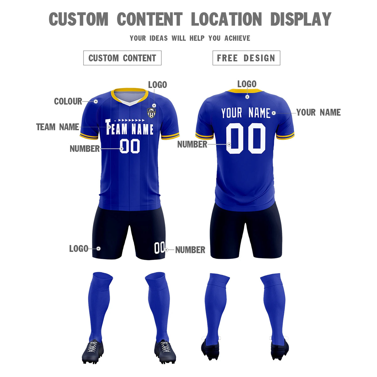 Custom Royal Blue-Old Gold Navy Design Uniform Soccer Sets Jersey