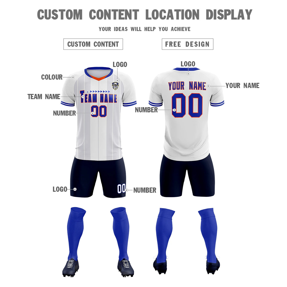 Custom White Orange-Navy Design Uniform Soccer Sets Jersey