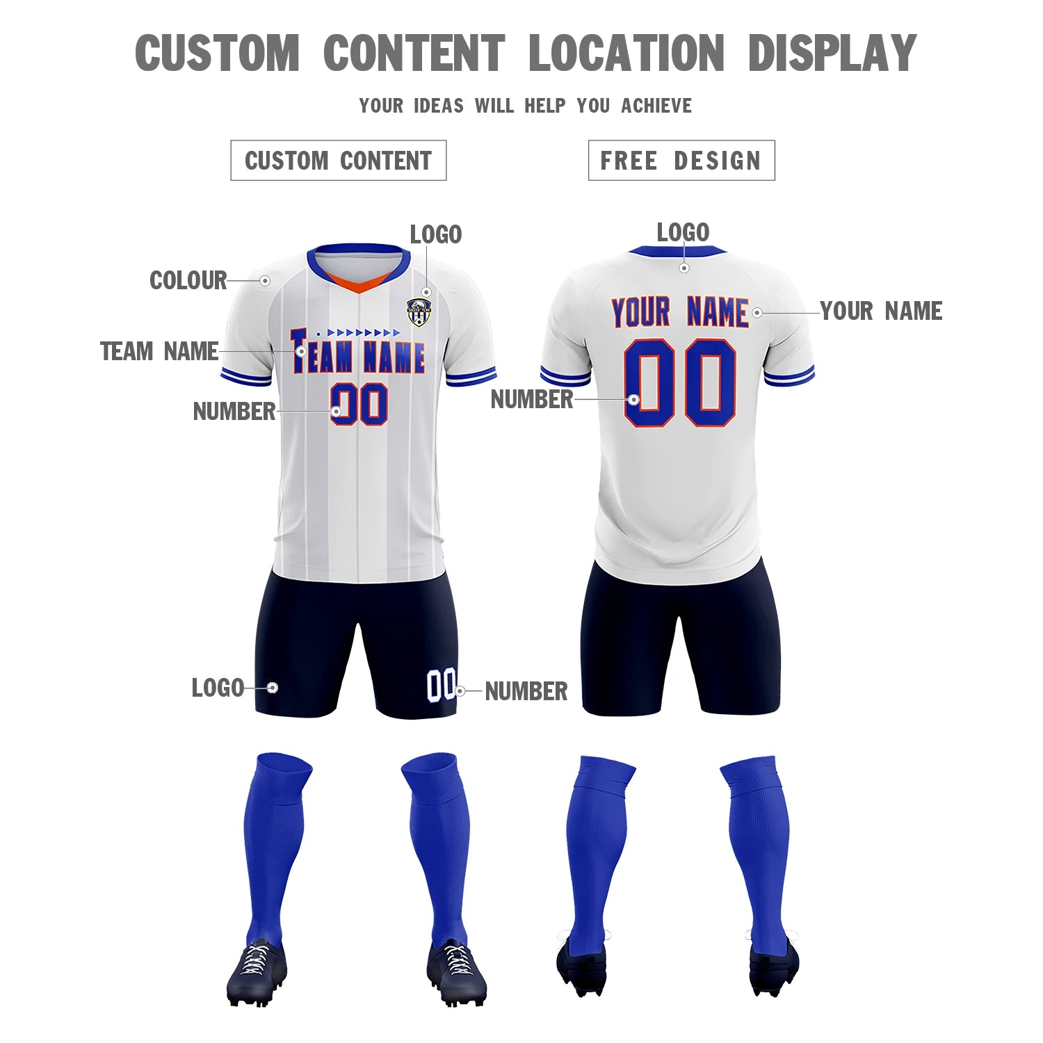 Custom White Orange-Navy Design Uniform Soccer Sets Jersey