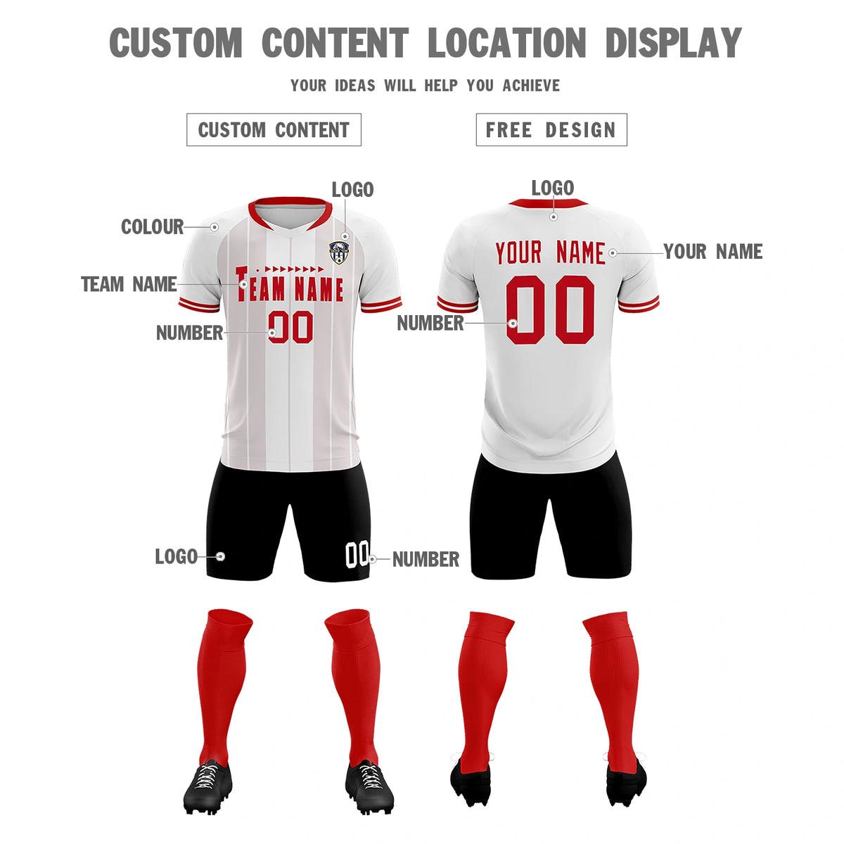 Custom White Red-Black Design Uniform Soccer Sets Jersey