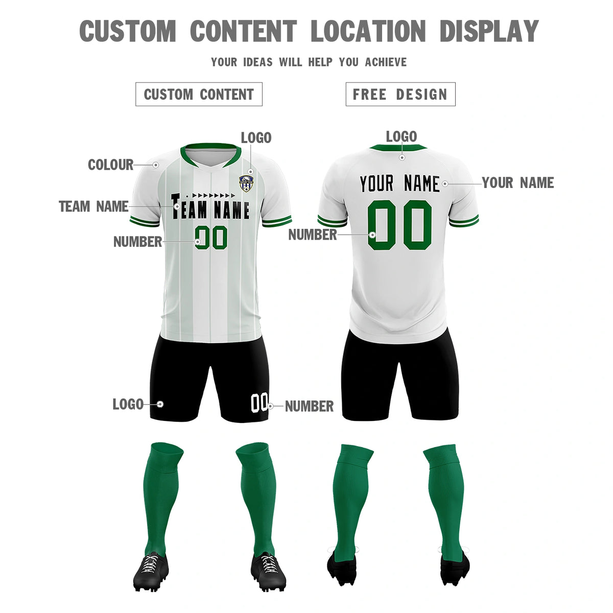 Custom White Kelly Green-Black Design Uniform Soccer Sets Jersey