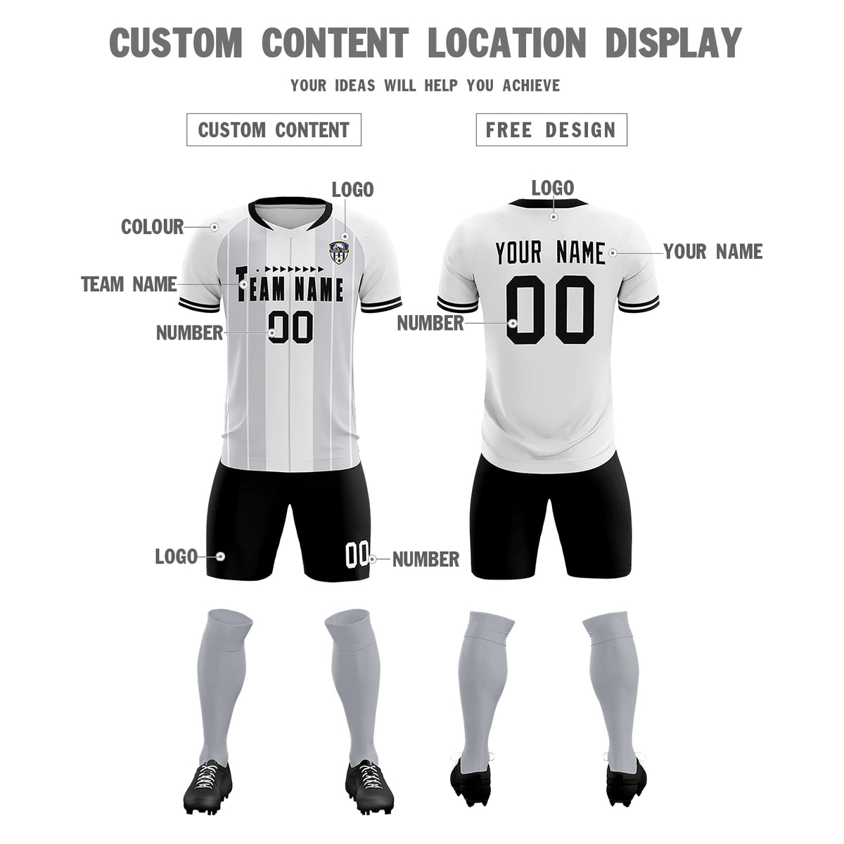 Custom White Black-Black Design Uniform Soccer Sets Jersey