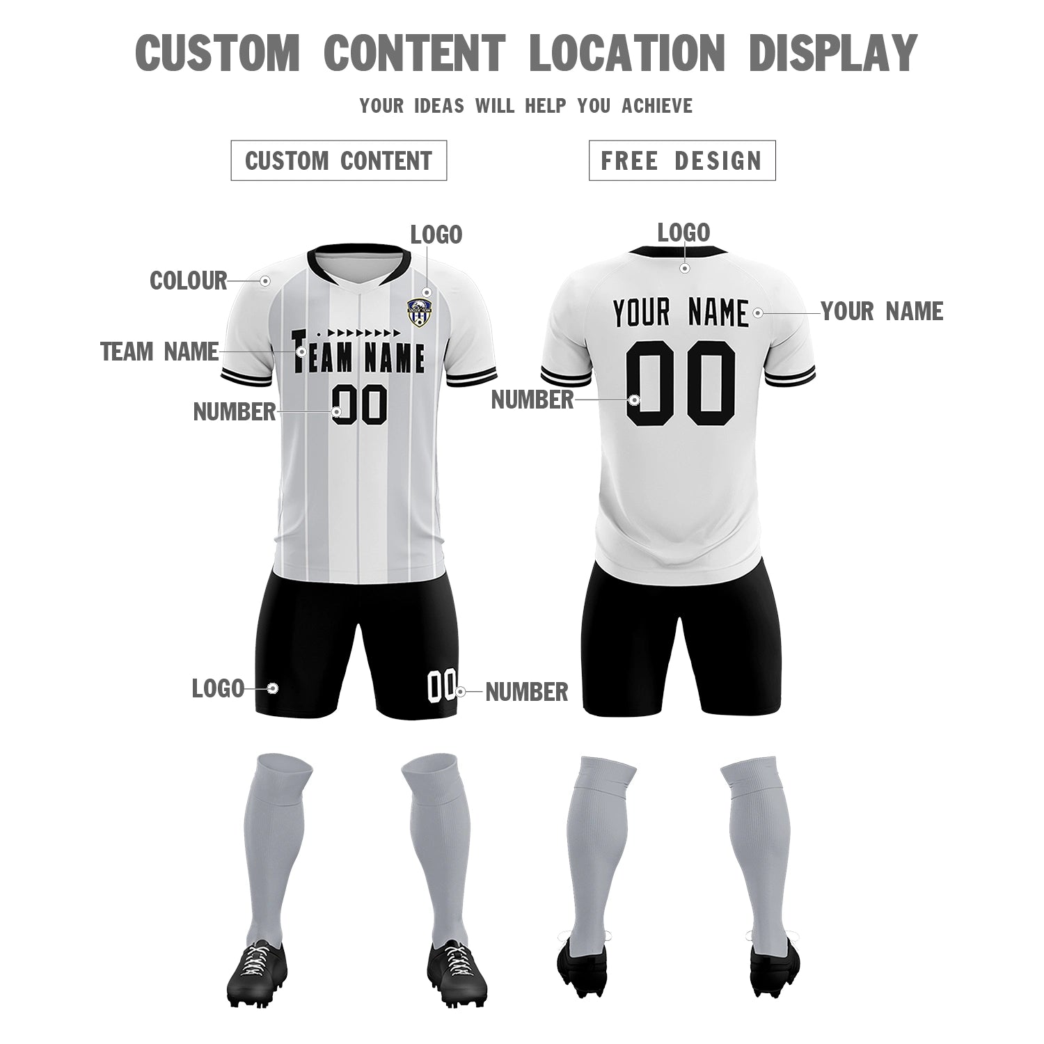 Custom White Black-Black Design Uniform Soccer Sets Jersey