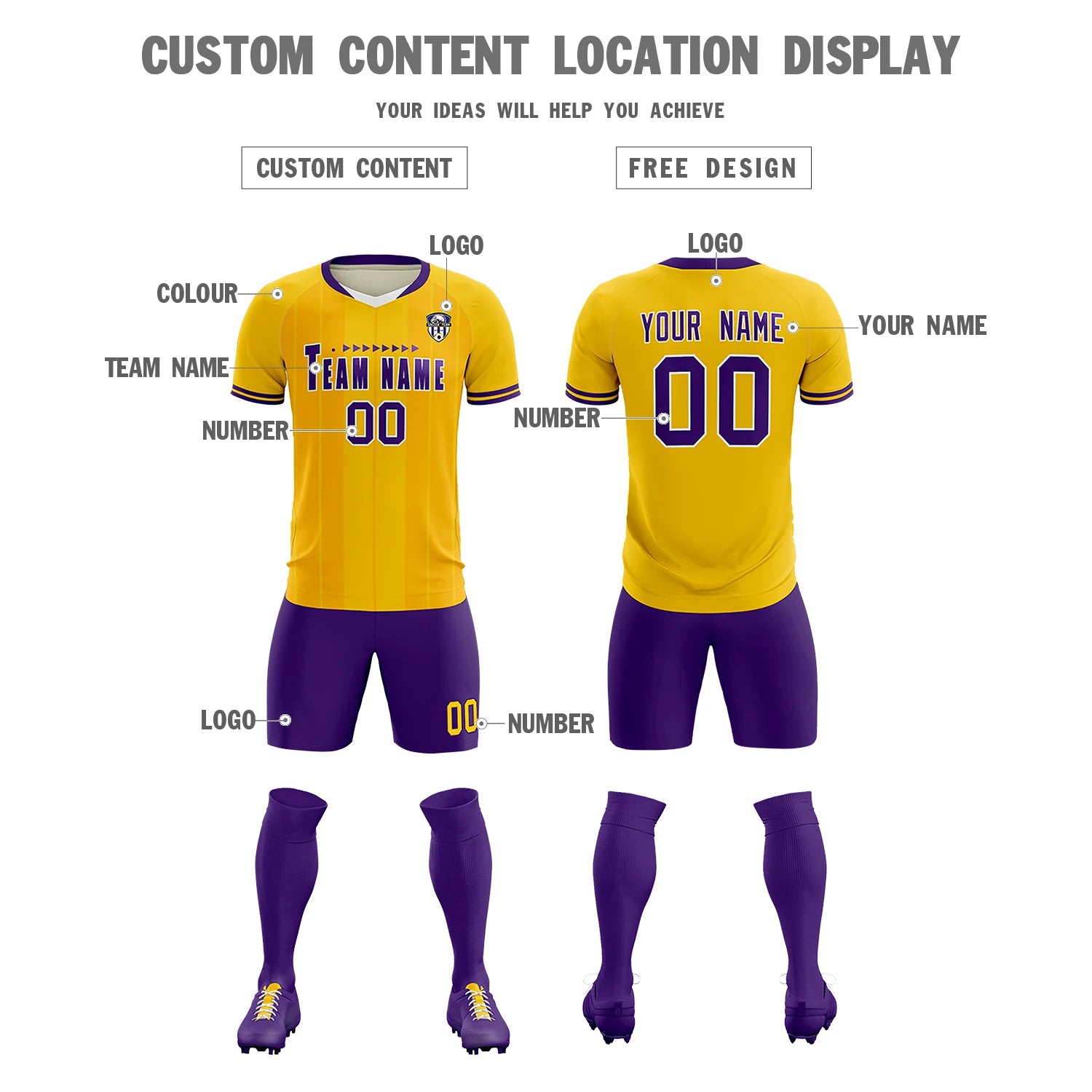 Custom Gold 01 White-Purple Design Uniform Soccer Sets Jersey