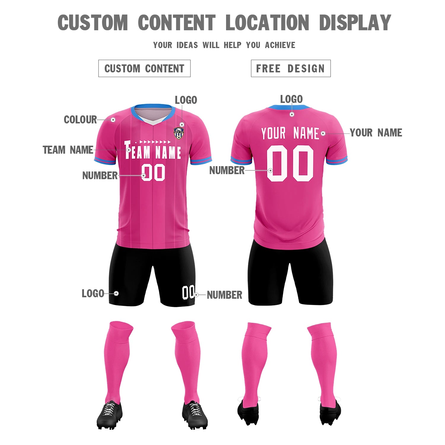 Custom Pink Powder Blue-Black Design Uniform Soccer Sets Jersey