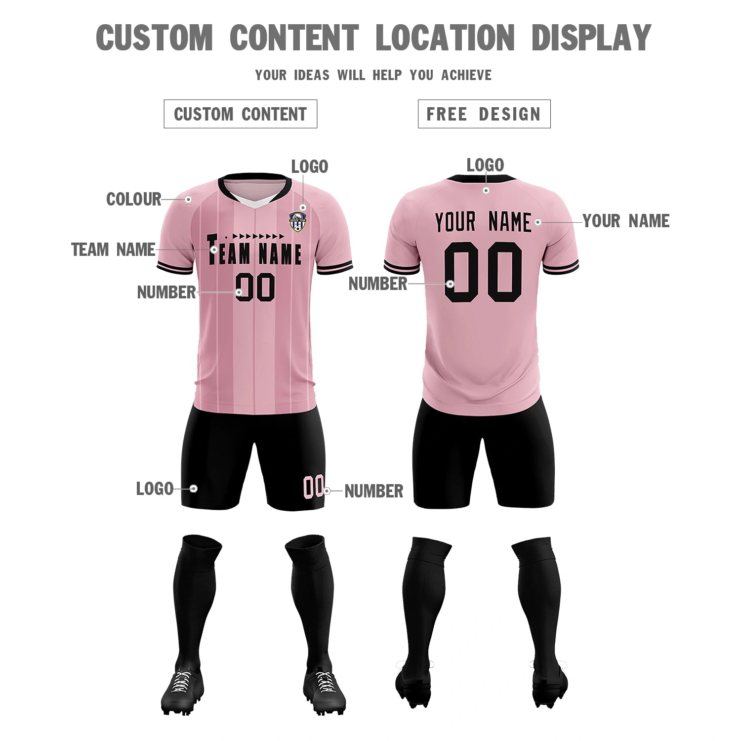 Custom Light Pink White-Black Design Uniform Soccer Sets Jersey
