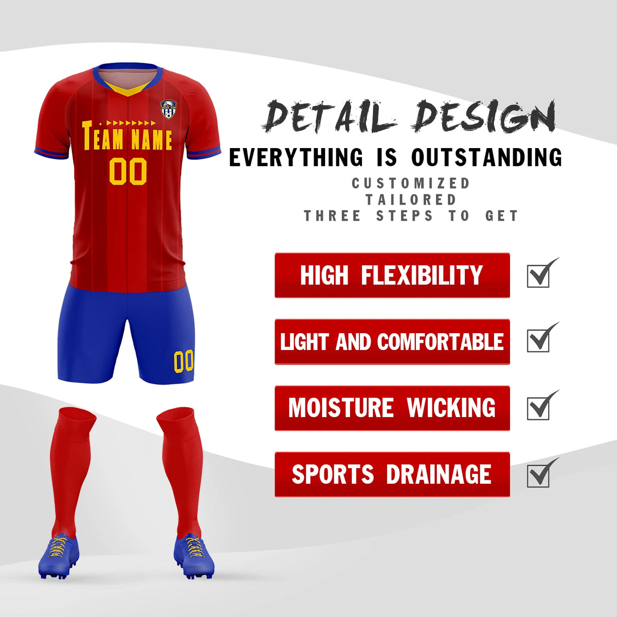 Custom Red Gold 01-Royal Blue Design Uniform Soccer Sets Jersey