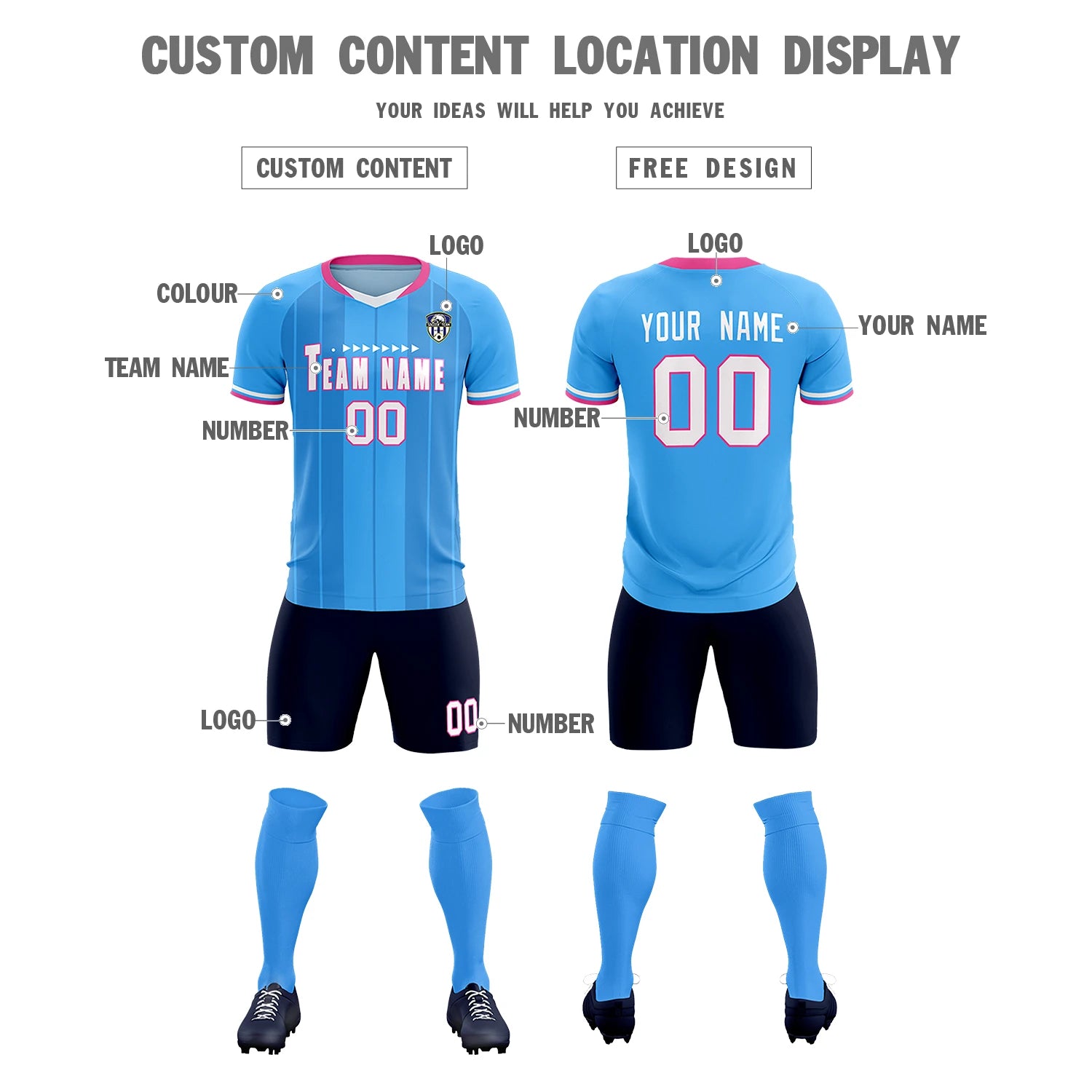 Custom Powder Blue Pink-Navy Design Uniform Soccer Sets Jersey