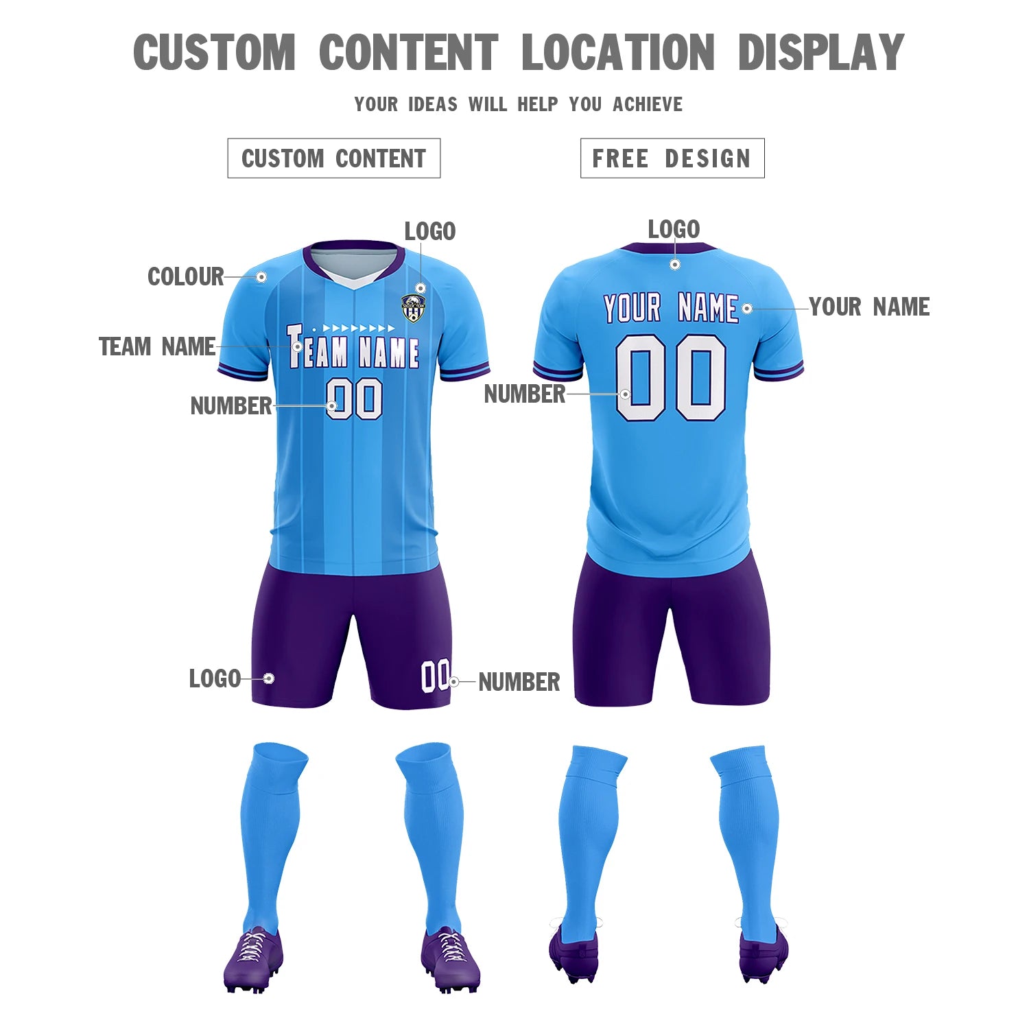 Custom Powder Blue White-Purple Design Uniform Soccer Sets Jersey