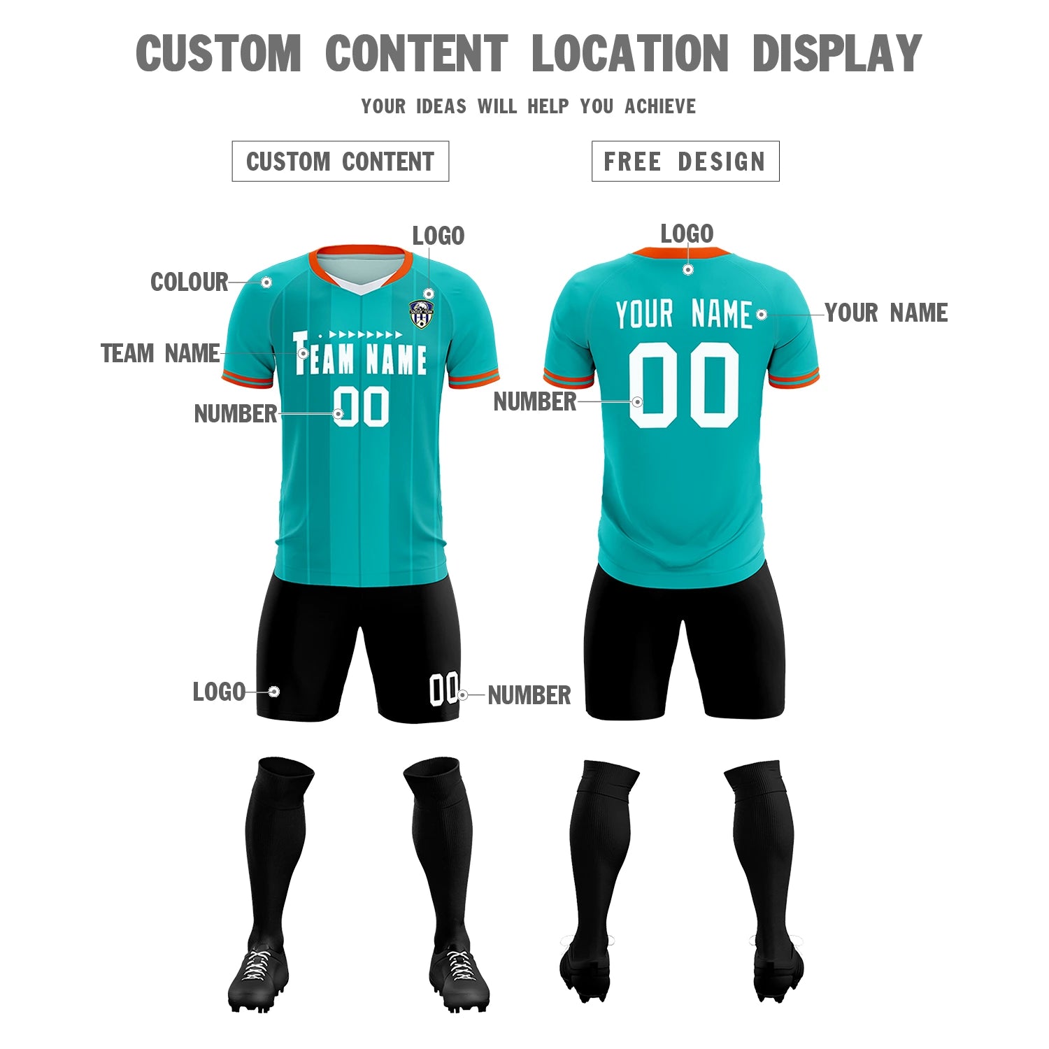 Custom Aqua Orange-Black Design Uniform Soccer Sets Jersey