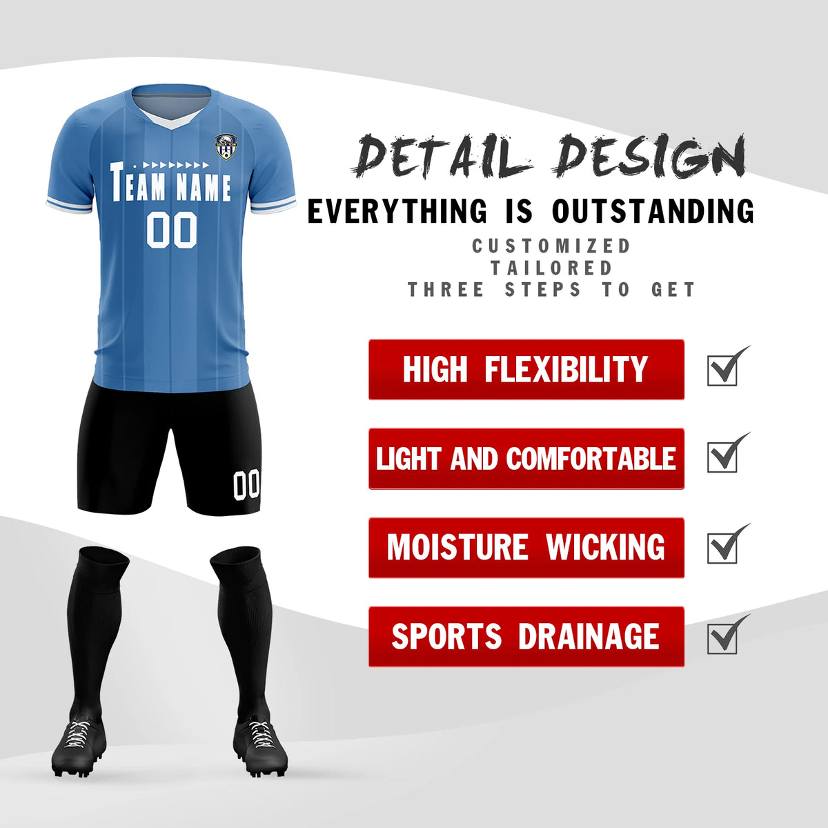 Custom Light Blue White-Black Design Uniform Soccer Sets Jersey