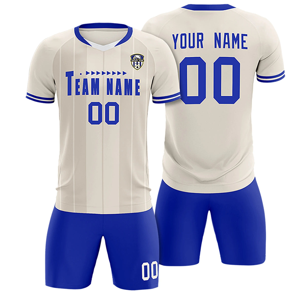 Custom Khaki White-Royal Blue Design Uniform Soccer Sets Jersey