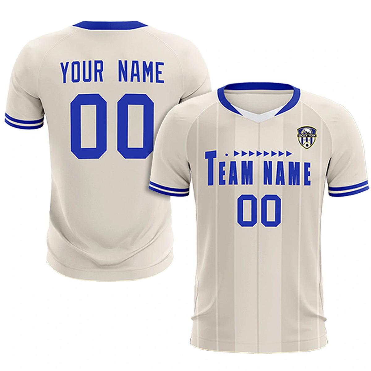 Custom Khaki White-Royal Blue Design Uniform Soccer Sets Jersey
