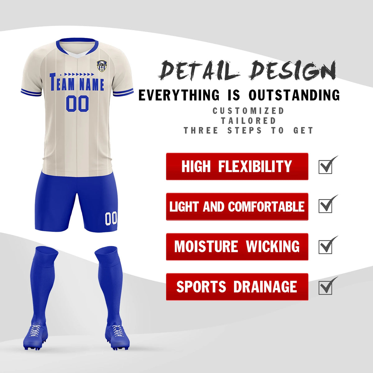 Custom Khaki White-Royal Blue Design Uniform Soccer Sets Jersey