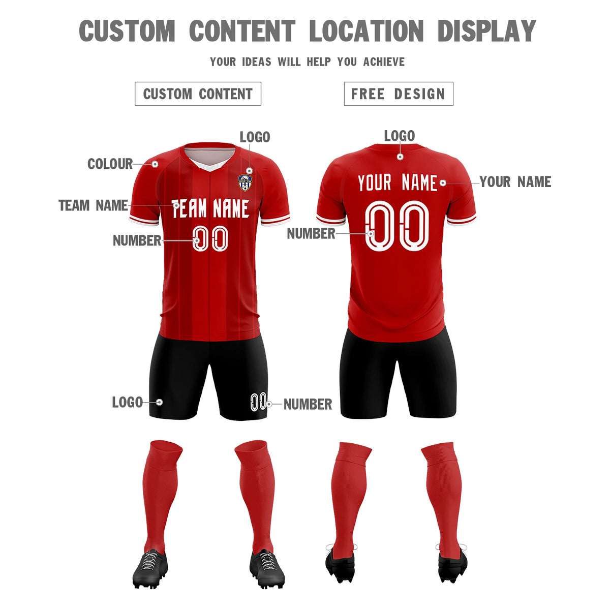Custom Red White-Black Design Uniform Soccer Sets Jersey
