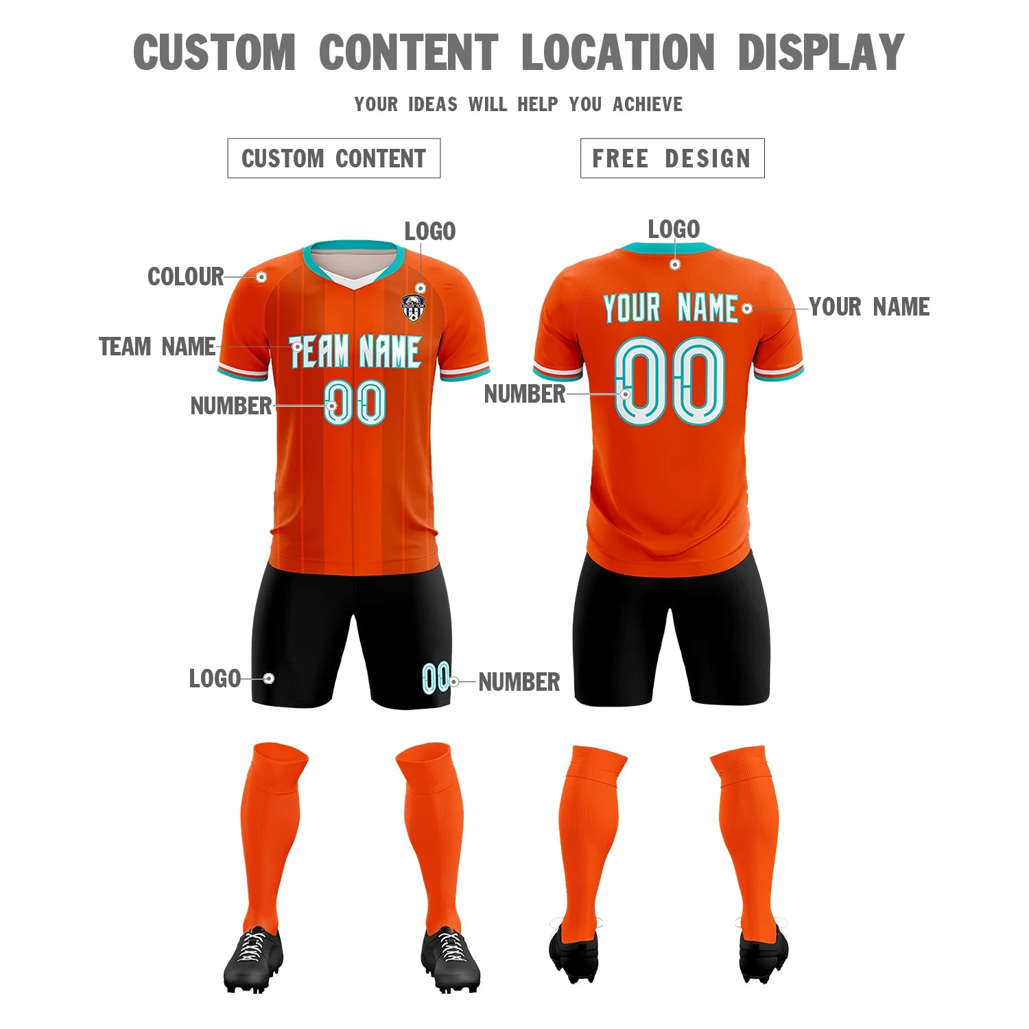 Custom Orange Aqua-Black Design Uniform Soccer Sets Jersey