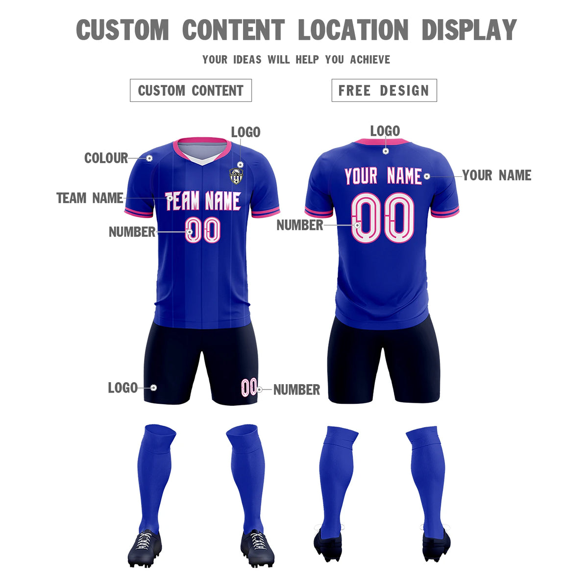 Custom Royal Blue-Pink Navy Design Uniform Soccer Sets Jersey